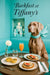 Weimaraner wearing an aqua scarf seated in a chic café booth beneath a neon Barkfast at Tiffany’s sign