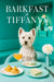 White West Highland Terrier seated at an aqua café table under a neon Barkfast sign with gift boxes in a recessed wall niche