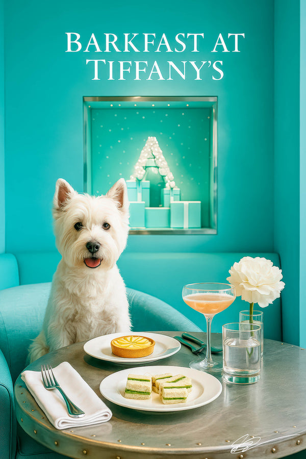 West Highland Terrier in aqua scarf seated on a teal banquette under a neon café sign with stacked gift boxes behind