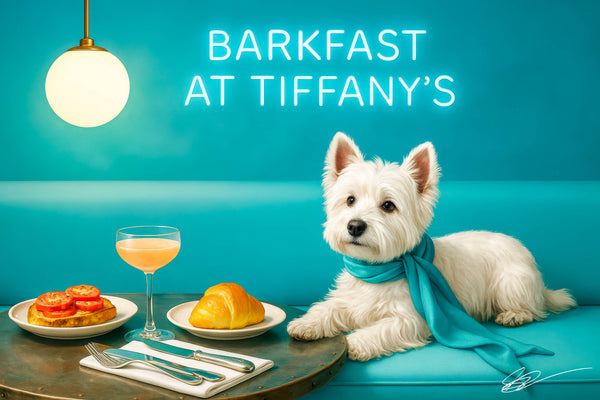 White West Highland Terrier on a teal banquette with sea-green scarf and neon café sign