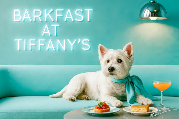 White West Highland Terrier reclining on a cool-teal banquette under a neon café sign
