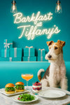 Wire fox terrier standing in a teal booth with two arugula topped sliders a side salad berry parfait and a peach cocktail on a marble table