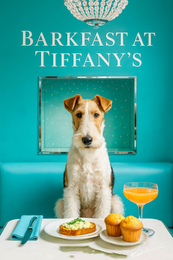 Wire fox terrier sitting at a white linen table with egg salad-topped brioche two golden muffins and a peach cocktail in a Tiffany-blue dining nook