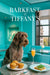 Wirehaired pointing griffon seated in a teal booth with a plate of three golden muffins an arugula topped open-faced toast and a peach cocktail in a flute glass on a round metal table