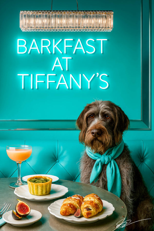 Wirehaired pointing griffon wearing a teal scarf seated under a neon Barkfast at Tiffanys sign with two salted croissants halved figs a green tart and a peach cocktail on a round metal table