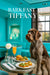 Wirehaired pointing griffon wearing a teal scarf seated at a round metal table with three muffins arugula toast and a peach cocktail against a teal banquette and city window