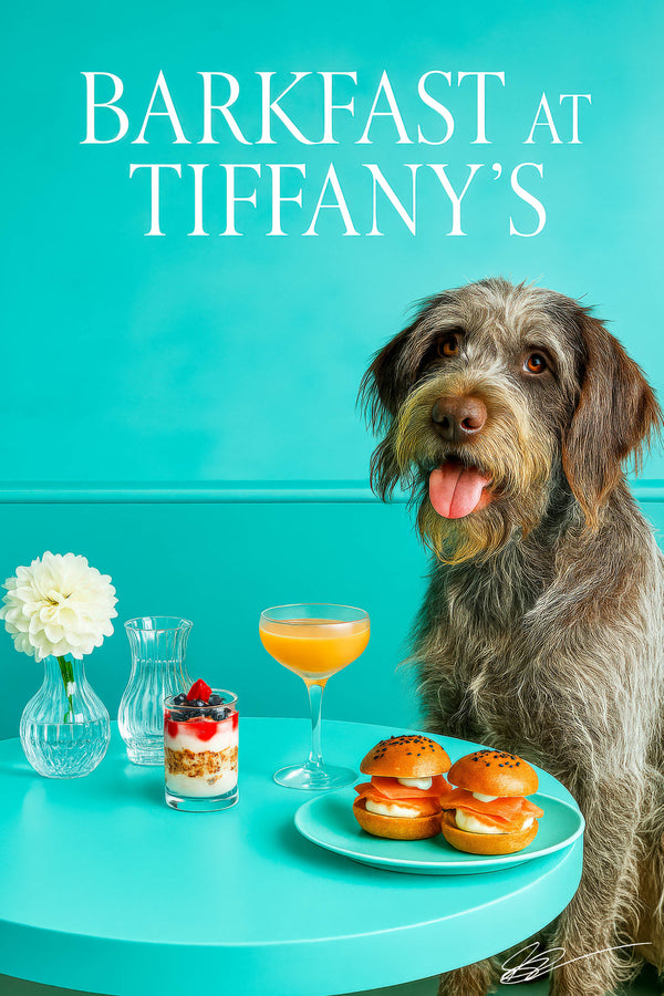 Wirehaired pointing griffon seated at a teal table with smoked salmon and cream cheese brioche sliders an apricot cocktail a water carafe and a white dahlia bud vase