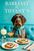 Wirehaired pointing griffon wearing a teal scarf seated at a round metal table with two brioche toasts topped with egg salad and figs a peach cocktail and a white dahlia bud vase against a Tiffany-blue banquette