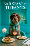 Wirehaired pointing griffon seated at a round metal table with fig topped scones creamy egg salad brioche toast a peach cocktail and a white dahlia in a Tiffany-blue nook