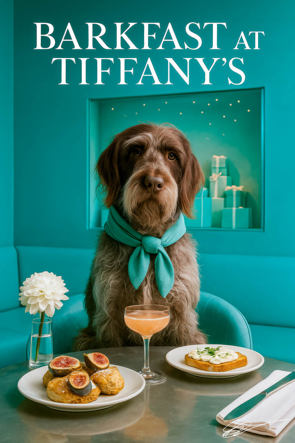 Wirehaired pointing griffon seated at a round metal table with fig topped scones creamy egg salad brioche toast a peach cocktail and a white dahlia in a Tiffany-blue nook