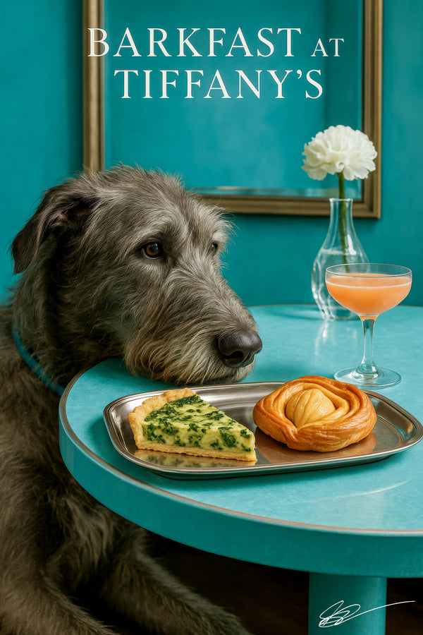Wolfhound resting its head on a teal table next to a slice of spinach quiche a spiral pastry and a peach cocktail in a coupe beside a white dahlia