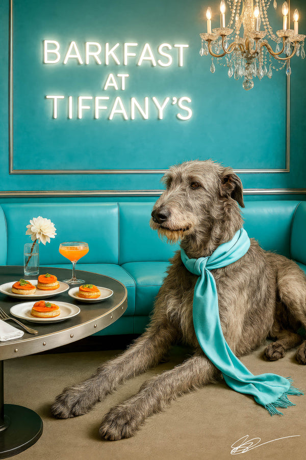 Wolfhound reclining beside a round metal table topped with smoked salmon puff pastries a pale apricot cocktail and a white dahlia in a teal dining nook