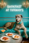 Wolfhound wearing a teal scarf reclining on a Tiffany-blue banquette beside a round metal table with rectangular tomato puff pastries round tomato tartlets and a peach cocktail under crystal chandeliers