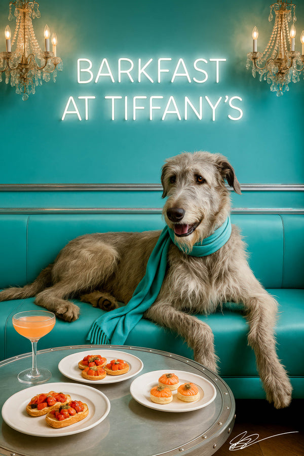 Wolfhound wearing a teal scarf reclining on a Tiffany-blue banquette beside a round metal table with rectangular tomato puff pastries round tomato tartlets and a peach cocktail under crystal chandeliers