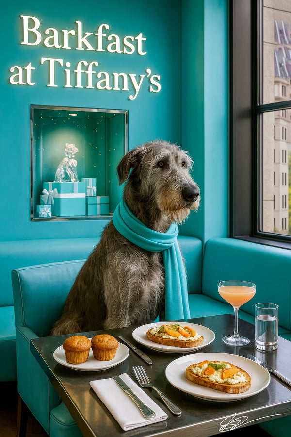 Wolfhound wearing a teal scarf seated at a Tiffany-blue banquette with two golden muffins two slices of brioche topped with egg salad and apricot slices a peach cocktail and a glass of water on a metal table