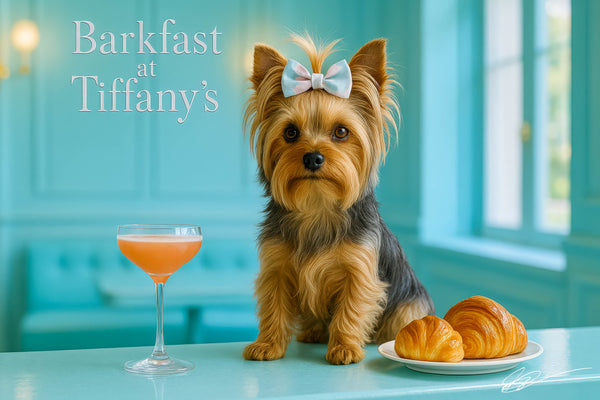 Yorkshire terrier wearing a pastel bow sitting on a turquoise counter with two mini croissants and a peach cocktail
