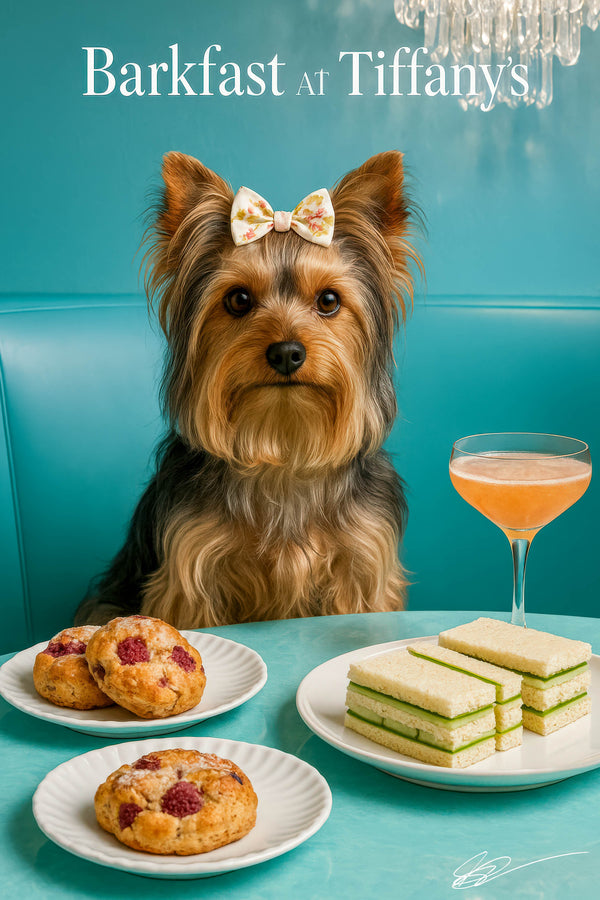 Yorkshire terrier wearing a floral bow perched at a teal table with raspberry scones cucumber tea sandwiches a peach cocktail and a white dahlia in a bud vase