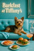 Yorkshire terrier lounging on a teal banquette with front paws on a napkin beside a metal table with whipped ricotta smoked salmon toast two arugula sliders a petite slider and an apricot cocktail