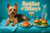 Yorkshire terrier lying on a Tiffany blue banquette with arugula mini sliders smoked salmon ricotta toast an apricot cocktail a water carafe and a mirrored box