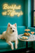 American Eskimo Dog lounging on a Tiffany-blue banquette under a neon Barkfast at Tiffany’s sign with a tiered pastry stand of shortbread cookies and raisin scones, crustless tea sandwiches, and a peach cocktail on a marble table