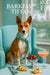 Basenji wearing a Tiffany-blue scarf seated in a café armchair with a silver compote of raspberries & blueberries, a peach cocktail, butter croissants, and palmiers by a sunlit window