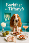 Basset Hound wearing a floral scarf seated at a table with matcha muffins, fig toast, a peach cocktail, and a white dahlia