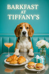 Beagle seated at a Tiffany-blue café table with croissants, ham and cheese slider biscuits, a Tiffany gift box, peach cocktail, and a white dahlia