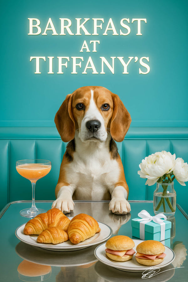 Beagle seated at a Tiffany-blue café table with croissants, ham and cheese slider biscuits, a Tiffany gift box, peach cocktail, and a white dahlia