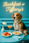 Scarf-wearing beagle at Tiffany-blue table with tomato tarts, mini quiches, cocktail, and white flower under neon Barkfast at Tiffanys sign
