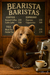 Realistic bear working an espresso machine behind café counter in whimsical coffee shop art print titled Bearista Baristas II