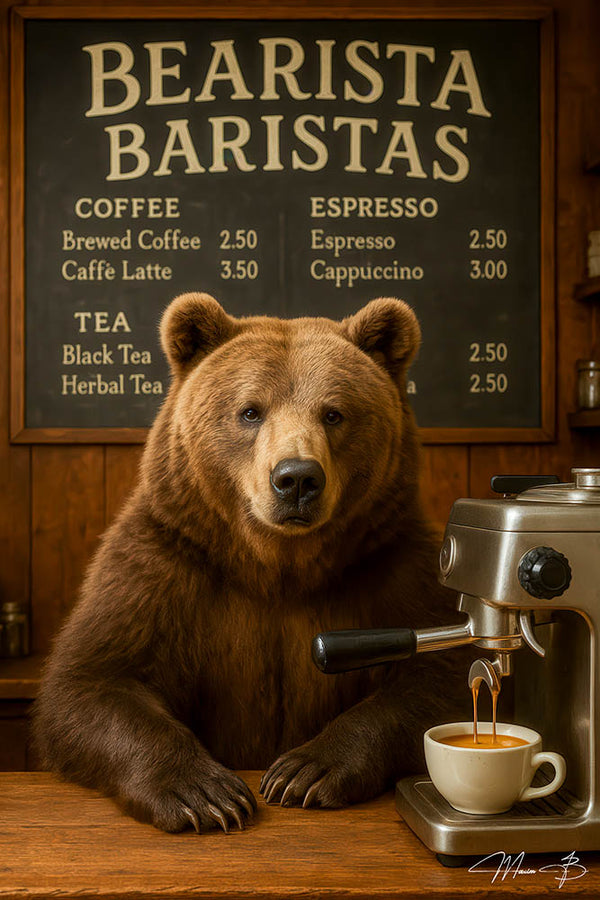 Realistic bear working an espresso machine behind café counter in whimsical coffee shop art print titled Bearista Baristas II