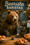 Realistic bear behind a café counter preparing espresso with croissants in a humorous coffee shop scene titled Bearista Baristas