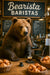 Realistic bear behind a café counter preparing espresso with croissants in a humorous coffee shop scene titled Bearista Baristas