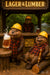 Humorous artwork of beavers in plaid shirts and helmets enjoying beer at their rustic woodworking bar, Measure Once Drink Twice