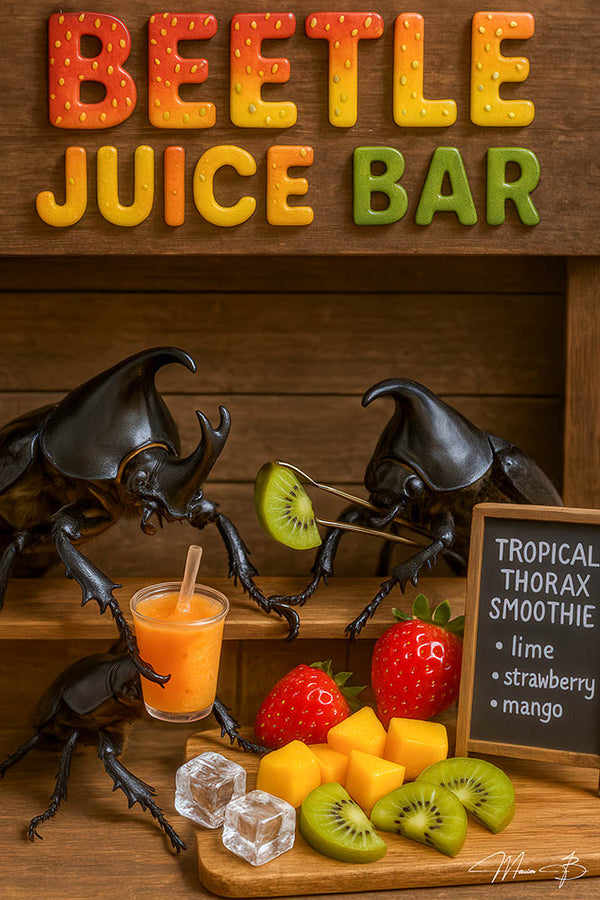 Beetle Juice Bar II humorous beetles serving tropical fruit smoothie metal print