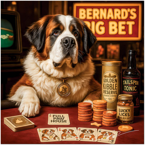 Saint Bernard playing poker surrounded by dog-themed casino treats and beverages in Bernard's Big Bet