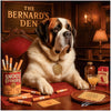 Saint Bernard relaxing in a vintage cigar lounge, humorous metal print artwork titled The Bernard's Den