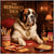 Saint Bernard relaxing in a vintage cigar lounge, humorous metal print artwork titled The Bernard's Den