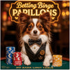 Papillon dog artwork titled Betting Binge Papillons on metal print featuring an upscale casino and poker chips