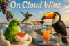 Parrot lounging on a cloud with wine, hummingbird serving three glasses and toucan sipping cocktail