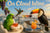 Parrot lounging on a cloud with wine, hummingbird serving three glasses and toucan sipping cocktail