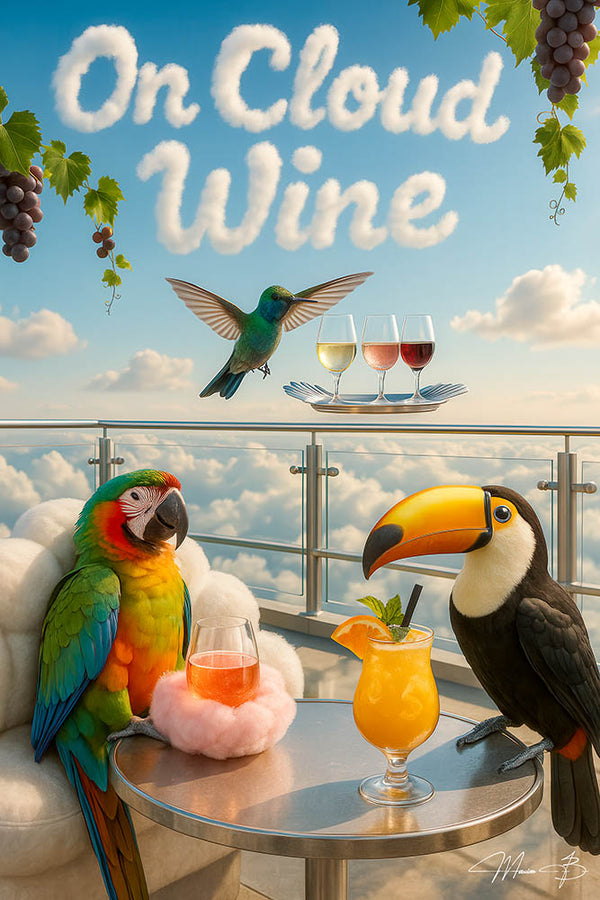 Parrot and toucan enjoying wine on a cloud-top terrace with hummingbird server