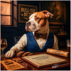 Bull-ish Bets metal print featuring an elegantly dressed Pitbull dog at a vintage betting table with poker chips and antique ledgers