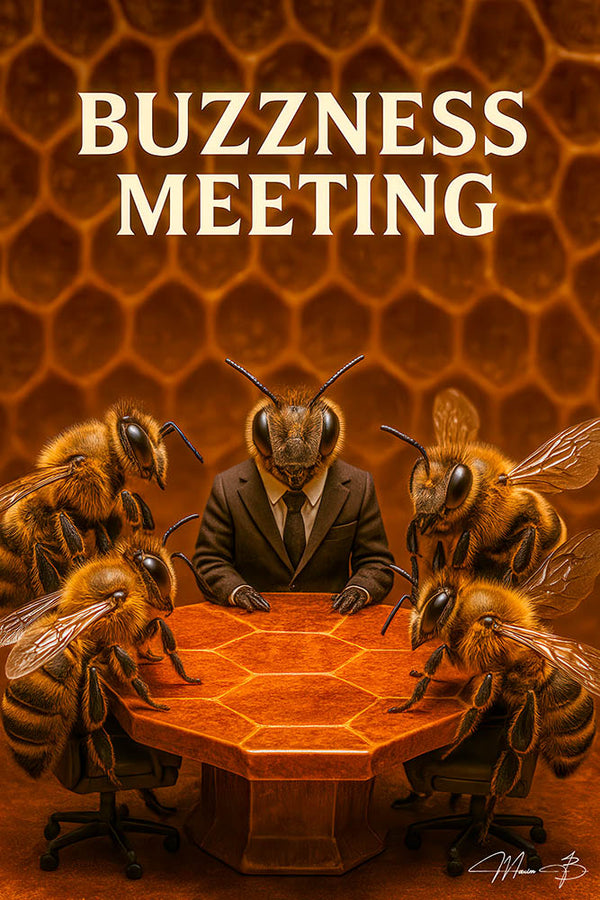 Humorous scene of bees in suits at a honeycomb-shaped conference table titled Buzzness Meeting II