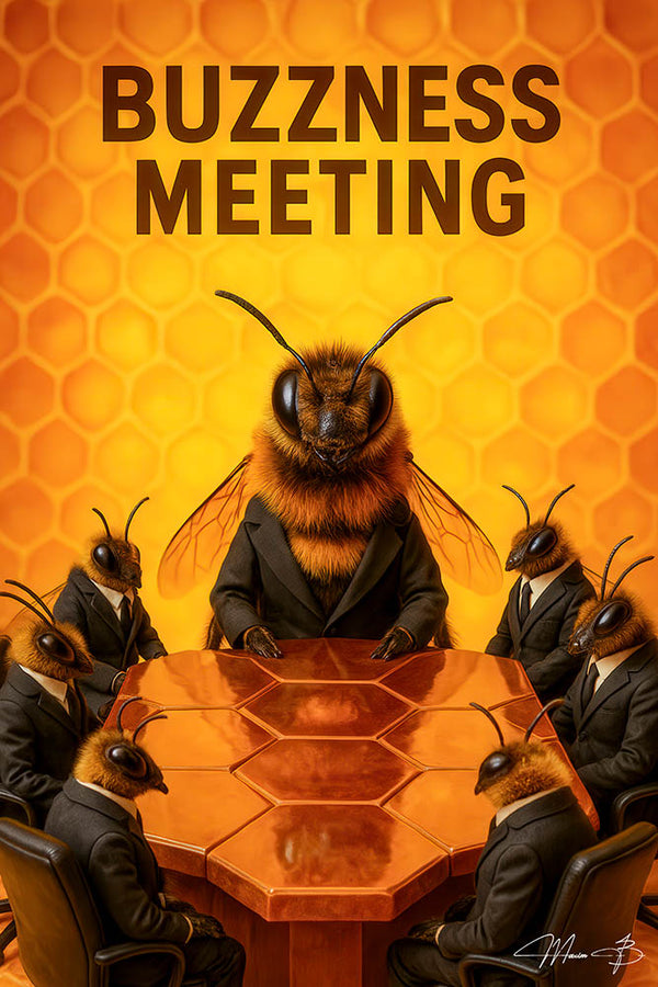 Humorous artwork of bees in suits seated around a honeycomb conference table in a scene titled Buzzness Meeting