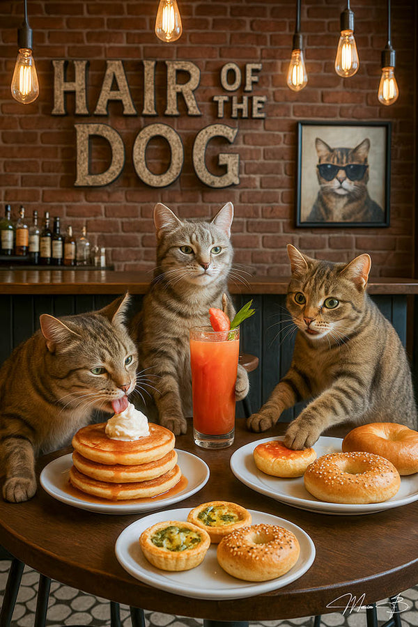 Three cats at a bar with pancakes, bagels and a Bloody Mary under “Hair Of The Dog” sign