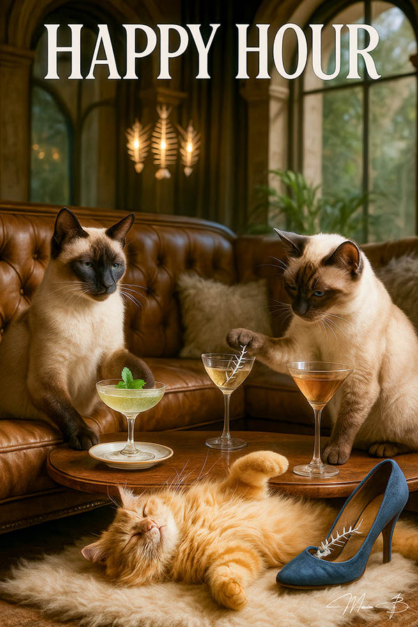 Two Siamese cats stirring and sipping cocktails under a “Happy Hour II” sign on a Metal Print