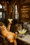 Three cats at a speakeasy bar sipping fish-garnished margaritas under fishbone lamps on a Metal Print