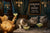 Three cats in a velvet lounge sipping fish-garnished cocktails under fishbone sconces on Metal Print
