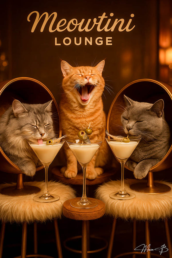 Three cats in barrel seats drinking fish-garnished cocktails under vintage pendant lights on a Metal Print